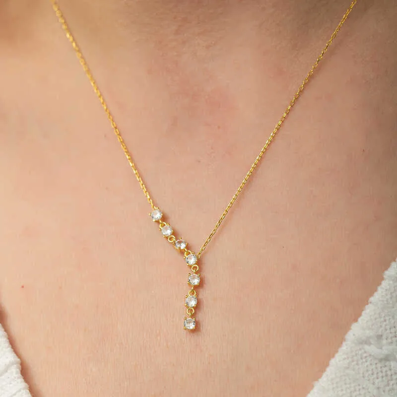 925 Sterling Silver Gold Plated Vertical Zircon Bar Necklace for Women | Elegant Bar Pendant Necklace - image 2