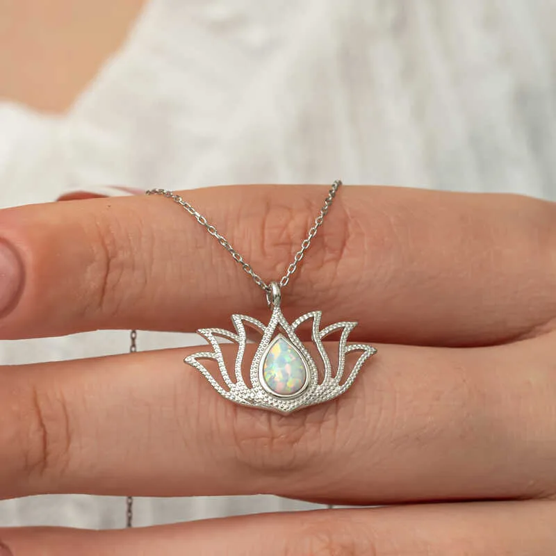925 Sterling Silver White Opal Lotus Flower Necklace for Women | Rhodium Plated Lotus Pendant Necklace