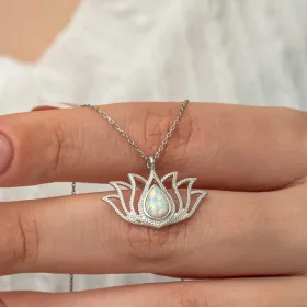 925 Sterling Silver White Opal Lotus Flower Necklace for Women | Rhodium Plated Lotus Pendant Necklace thumbnail