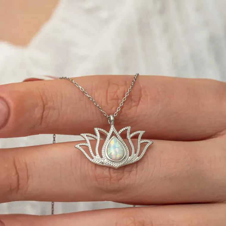 925 Sterling Silver White Opal Lotus Flower Necklace for Women