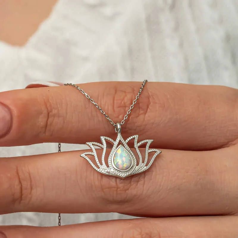 925 Sterling Silver White Opal Lotus Flower Necklace for Women | Rhodium Plated Lotus Pendant Necklace - image 2