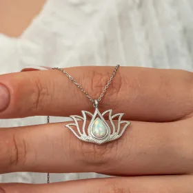 925 Sterling Silver White Opal Lotus Flower Necklace for Women | Rhodium Plated Lotus Pendant Necklace - image 2 thumbnail