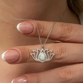 925 Sterling Silver White Opal Lotus Flower Necklace for Women | Rhodium Plated Lotus Pendant Necklace - image 3 thumbnail