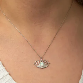 925 Sterling Silver White Opal Lotus Flower Necklace for Women | Rhodium Plated Lotus Pendant Necklace - image 5 thumbnail