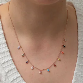 925 Sterling Silver Multicolor Teardrop Stone Lucky Necklace for Women | Rose Gold Plated Teardrop Pendant Necklace thumbnail