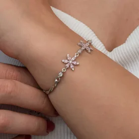 925 Sterling Silver Pink Lotus Flower Bracelet for Women | Rhodium Plated Floral Symbol Jewelry - image 5 thumbnail
