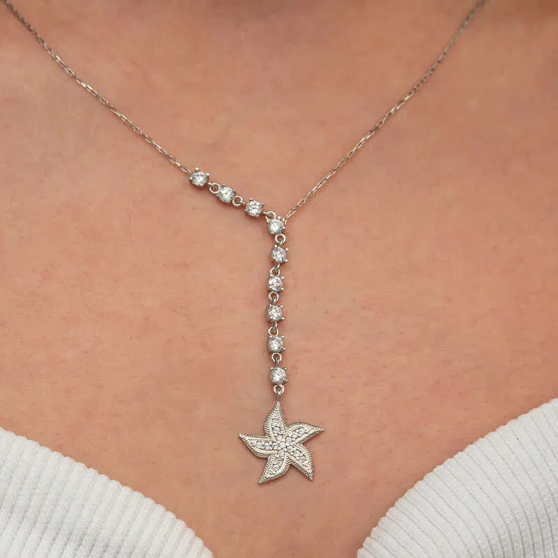925 Sterling Silver Sparkling Starfish Necklace for Women | Ocean Inspired Zircon Pendant | Rhodium Plated Jewelry - image 2