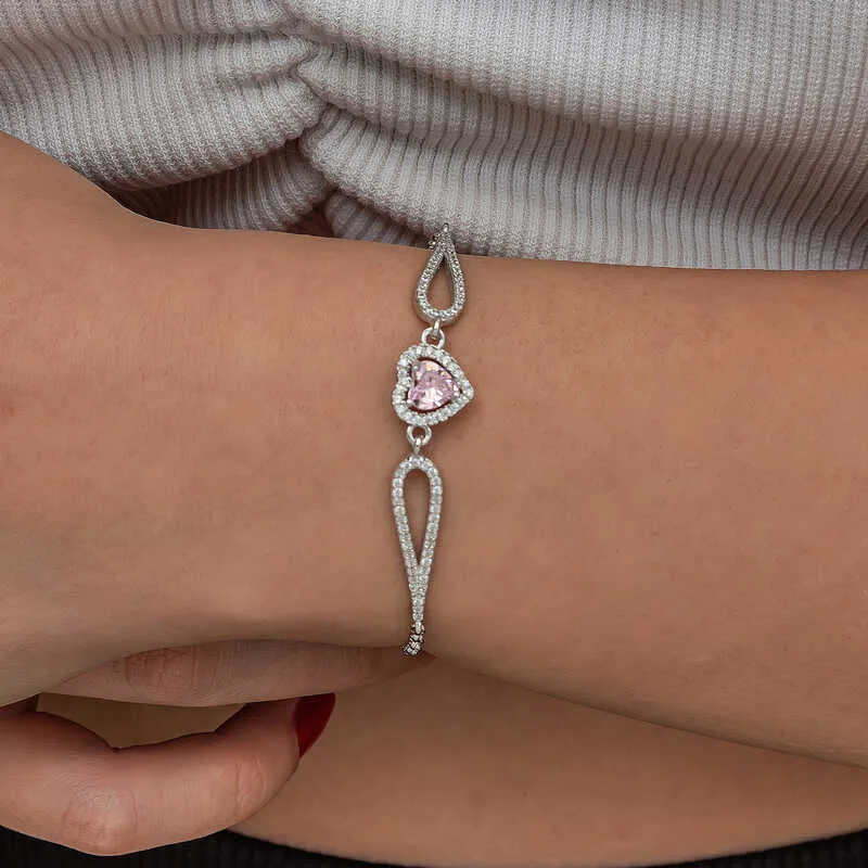 Sterling Silver Pink Zircon Heart Bracelet for Women – Rhodium Plated Romantic Love Jewelry