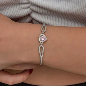 Sterling Silver Pink Zircon Heart Bracelet for Women – Rhodium Plated Romantic Love Jewelry thumbnail