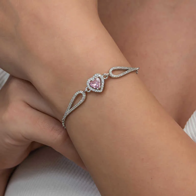 Sterling Silver Pink Zircon Heart Bracelet for Women – Rhodium Plated Romantic Love Jewelry - image 2