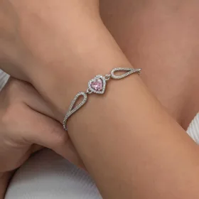Sterling Silver Pink Zircon Heart Bracelet for Women – Rhodium Plated Romantic Love Jewelry - image 2 thumbnail