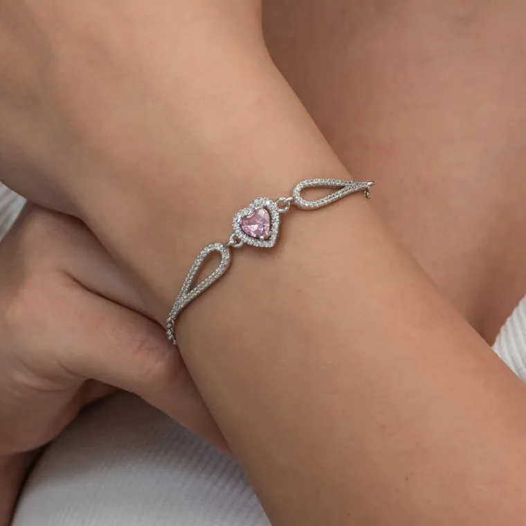 Sterling Silver Pink Zircon Heart Bracelet for Women – Rhodium Plated Romantic Love Jewelry alternate view