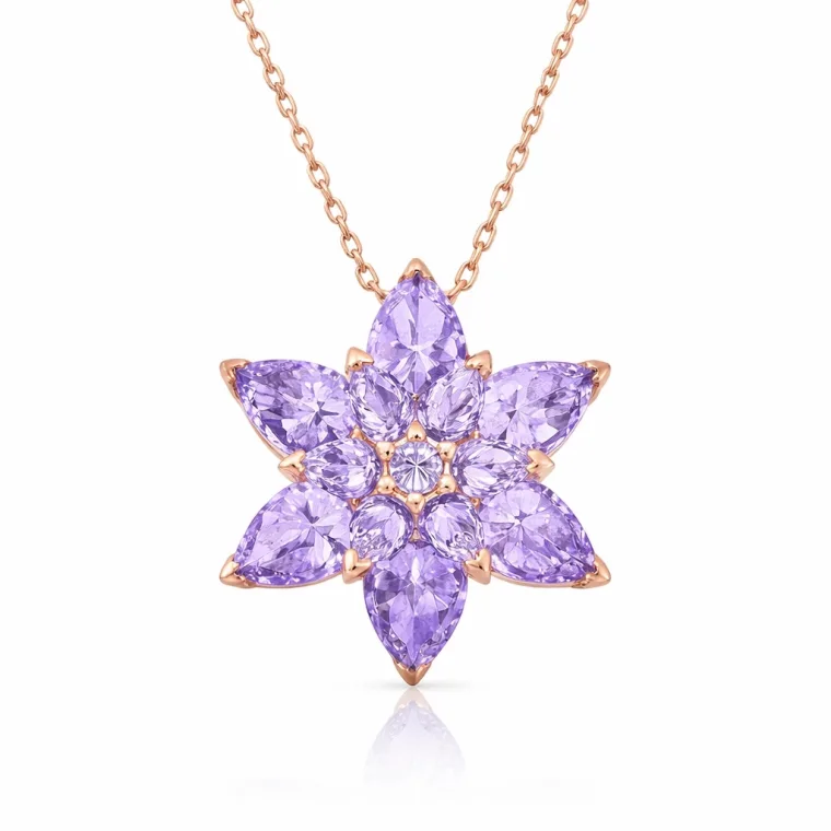 Rose Gold Plated Sterling Silver Lilac Lotus Flower Pendant Necklace for Women