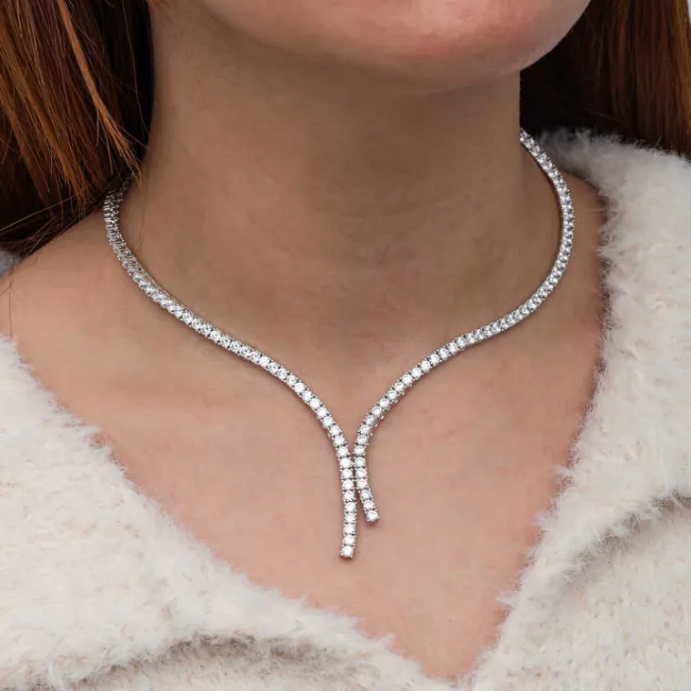 925 Sterling Silver Double Row White Zircon Tennis Necklace for Women