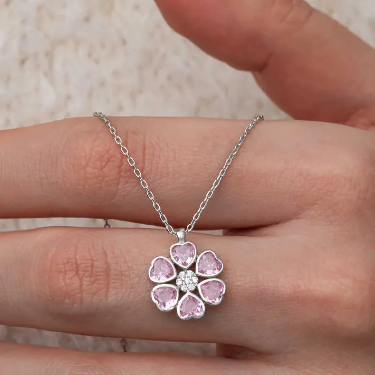 925 Sterling Silver Pink Heart Flower Necklace for Women