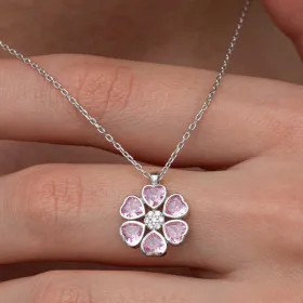 925 Sterling Silver Pink Heart Flower Necklace for Women | Sterling Silver Floral Pendant Necklace - image 2 thumbnail
