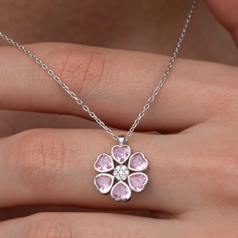 925 Sterling Silver Pink Heart Flower Necklace for Women alternate view
