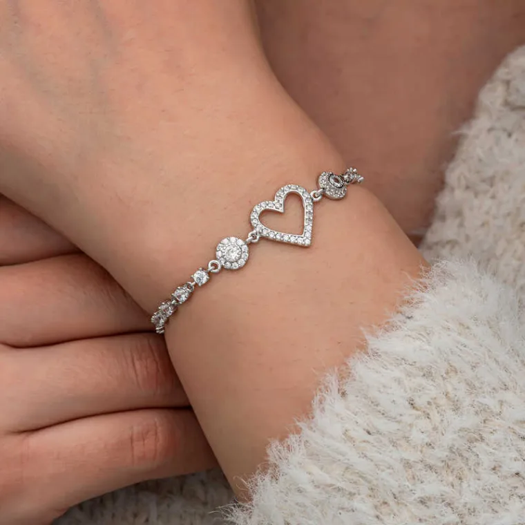 Sterling Silver White Zircon Heart Bracelet for Women – Rhodium Plated Romantic Heart Jewelry alternate view