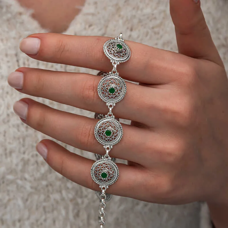 Sterling Silver Filigree Emerald Zircon Bracelet for Women | Handcrafted Rhodium Plated Jewelry