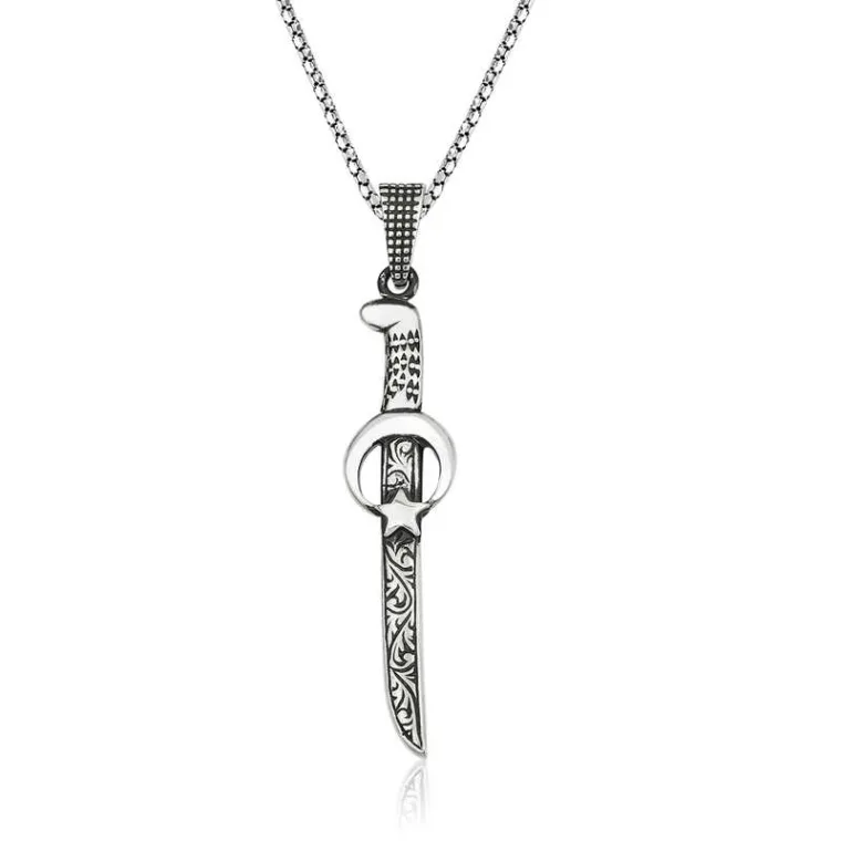 Oxidized Sterling Silver Crescent and Star Sword Necklace for Men – Heritage Inspired Pendant Jewelry