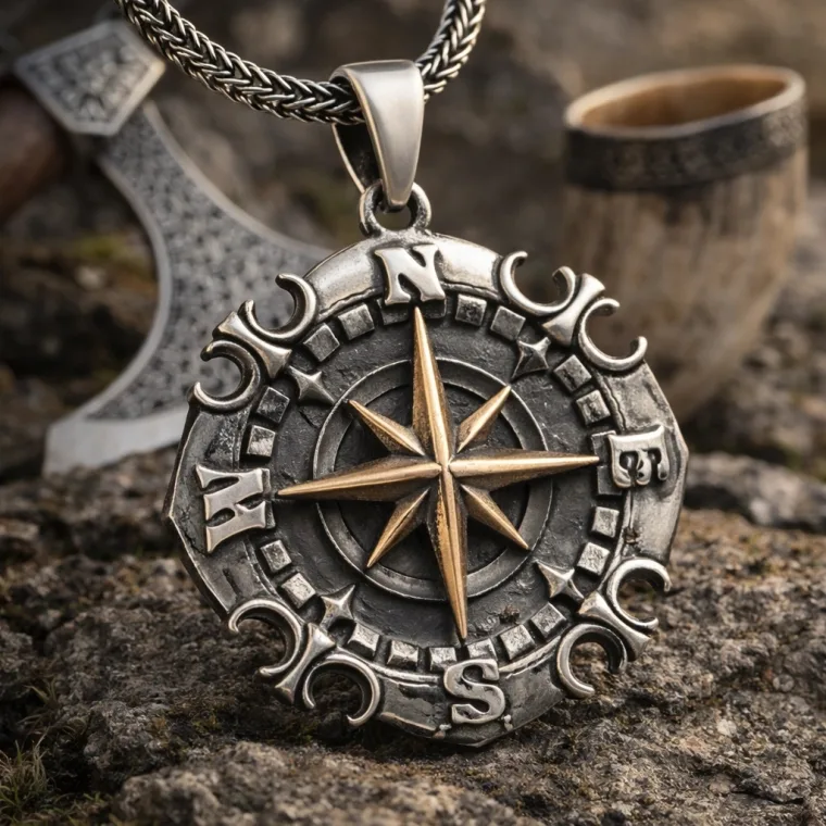 925 Sterling Silver Oxidized Compass Necklace for Men alternate view