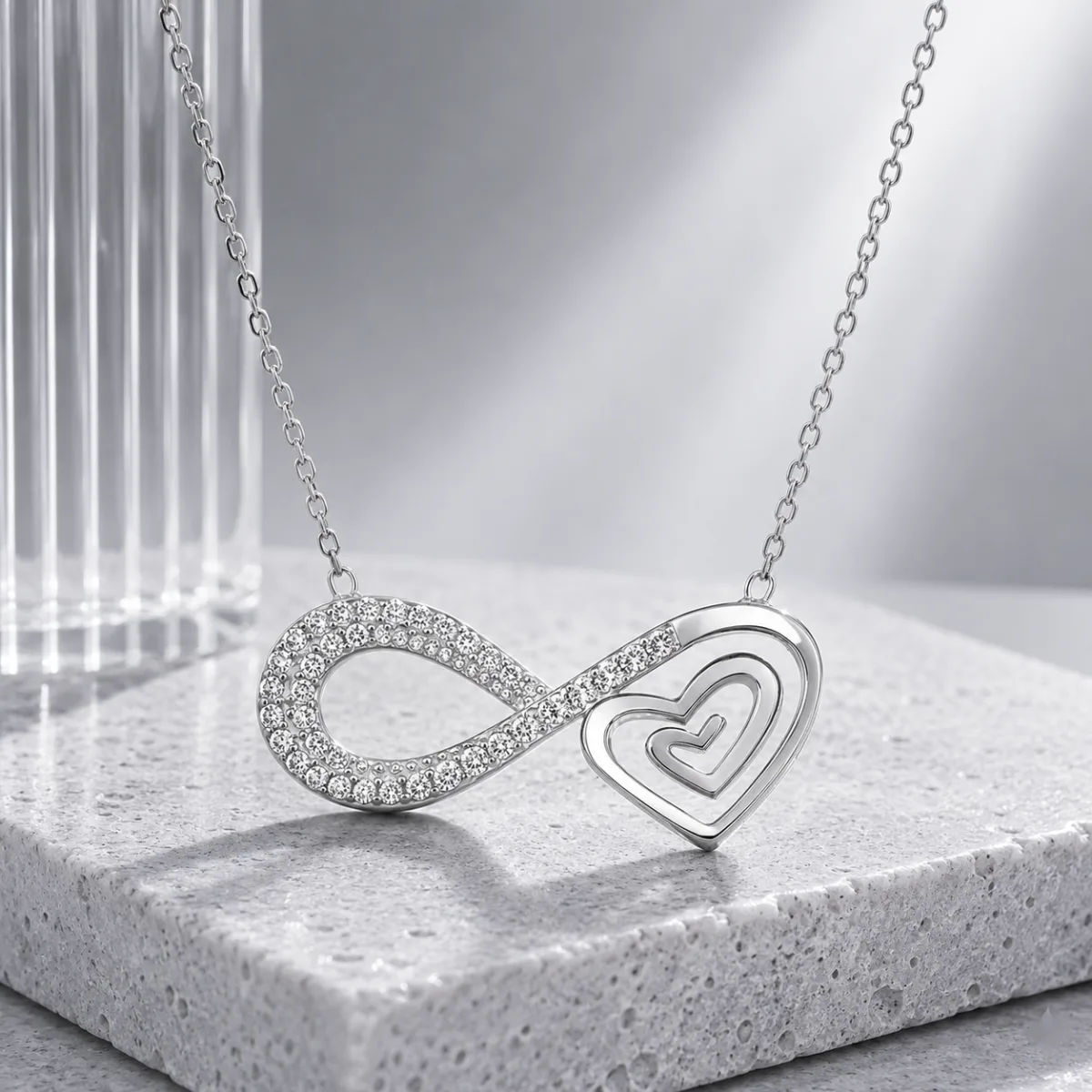 Sterling Silver Heart Infinity Necklace for Women | Zircon Stone Rhodium Plated Romantic Pendant Necklace