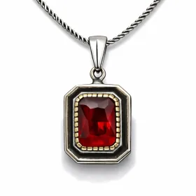 925 Sterling Silver Red Stone Rectangle Necklace for Women | Sterling Silver Pendant Necklace thumbnail