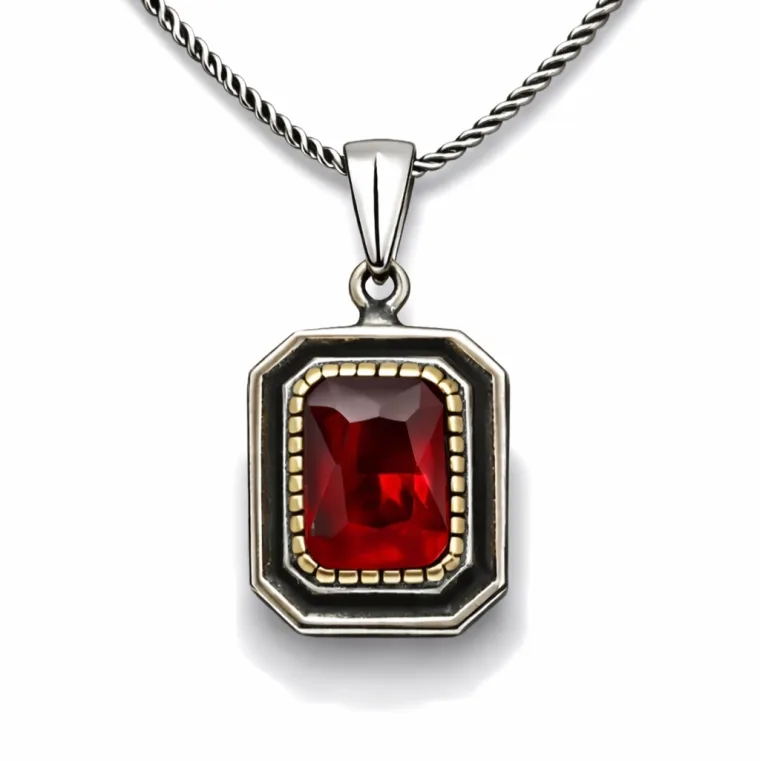 925 Sterling Silver Red Stone Rectangle Necklace for Women