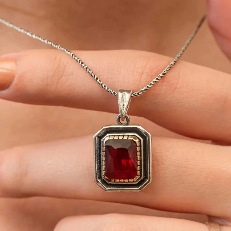 925 Sterling Silver Red Stone Rectangle Necklace for Women alternate view