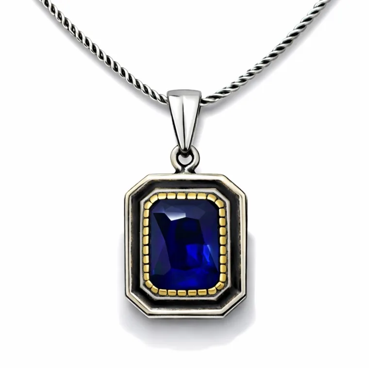 925 Sterling Silver Navy Blue Stone Rectangle Necklace for Women
