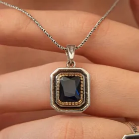 925 Sterling Silver Navy Blue Stone Rectangle Necklace for Women | Sterling Silver Pendant Necklace - image 2 thumbnail