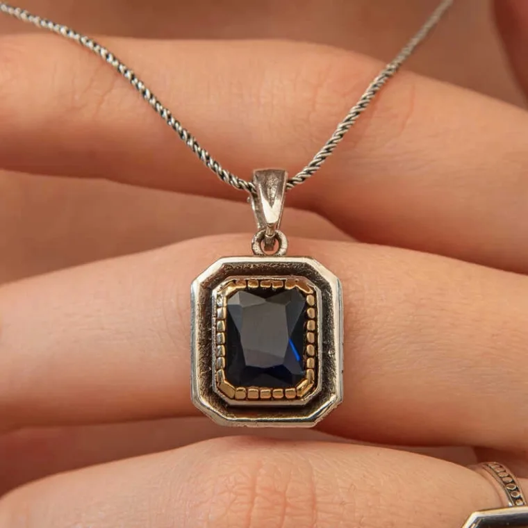 925 Sterling Silver Navy Blue Stone Rectangle Necklace for Women alternate view