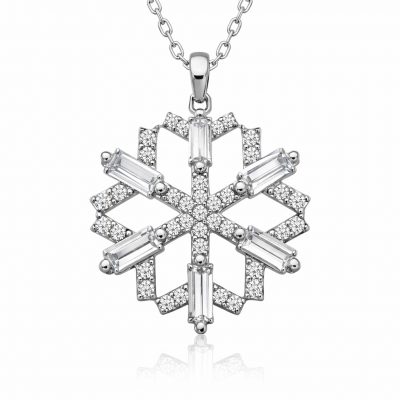 Sterling Silver Baguette Stone Snowflake Necklace