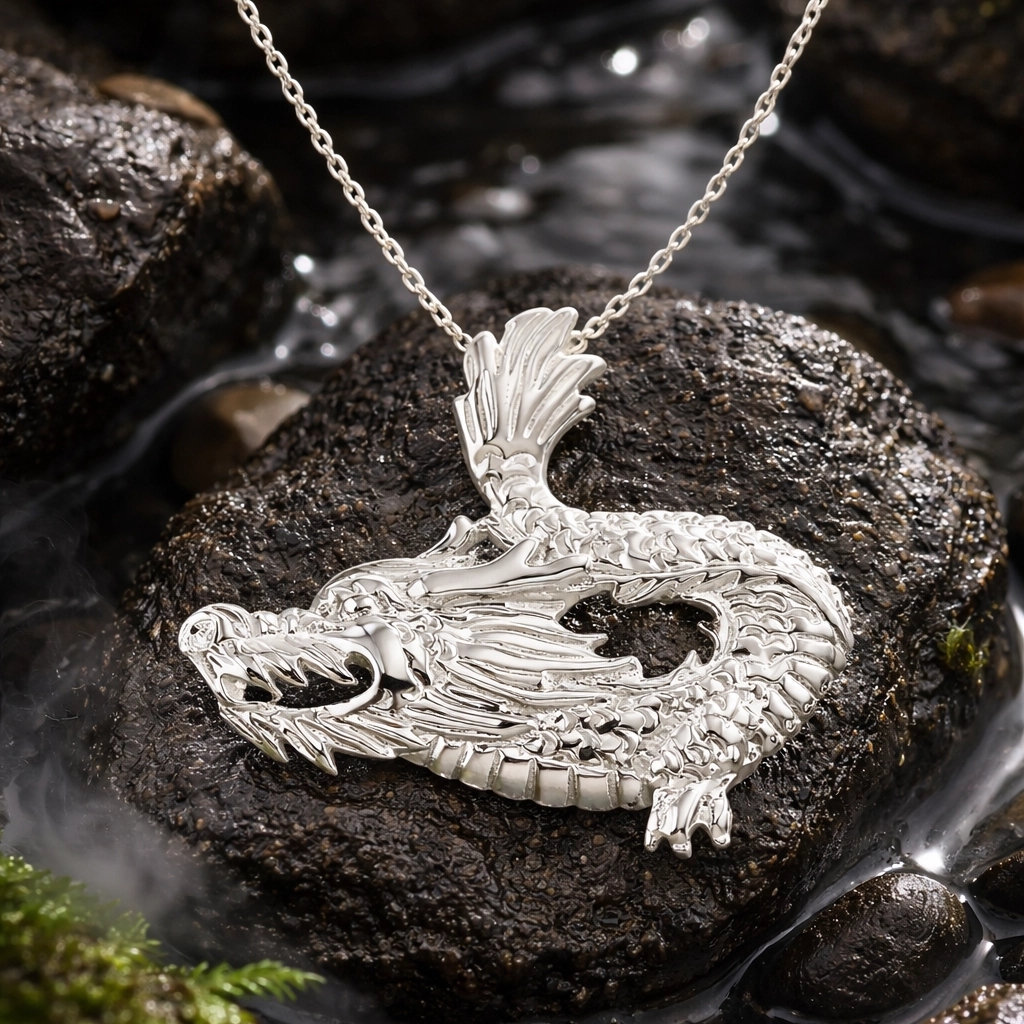 Sterling Silver Dragon Pendant Necklace - Image 2