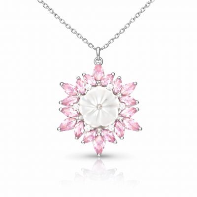 Sterling Silver Pink Lotus Desenli Flower Women's Necklace