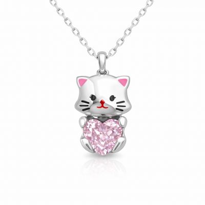 Sterling Silver Pink Stone Sevimli Cat Women's Necklace