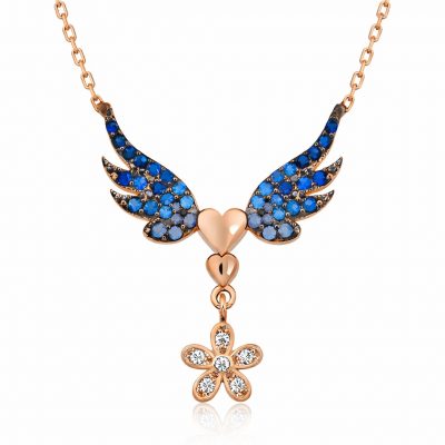 Sterling Silver Rose Gold Flower Winged Heart Necklace