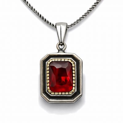 Sterling Silver Red Stone Dikdortgen Women's Necklace