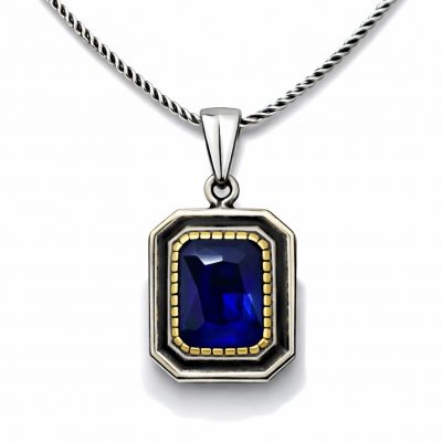 Sterling Silver Navy Blue Stone Dikdortgen Women's Necklace