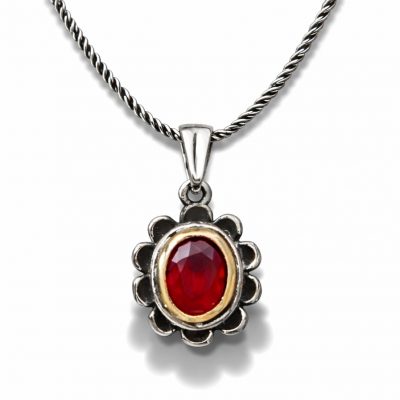 Sterling Silver Red Stone Flower Model Women's Necklace