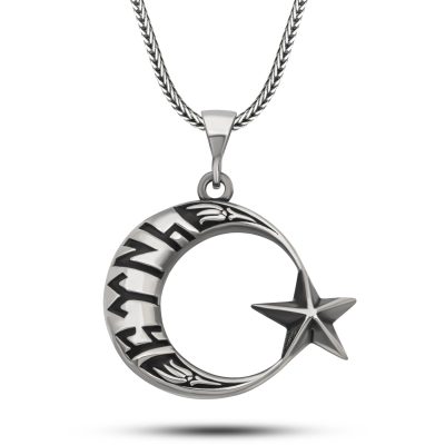 Sterling Silver Gokturk Script Moon Star Pendant Necklace for Men