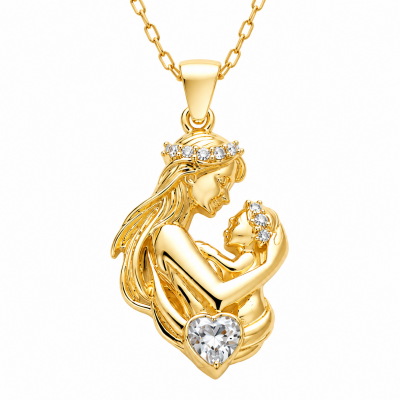 Sterling Silver Mother Bebek Figure Heart Stone Gold Necklace