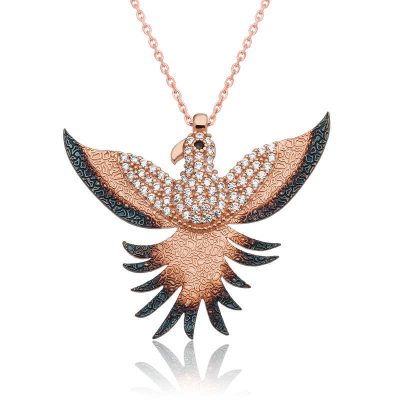Sterling Silver Rose Gold Emerald Phoenix Necklace