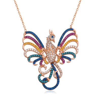 Sterling Silver Rose Gold Emerald Phoenix Women's Necklace