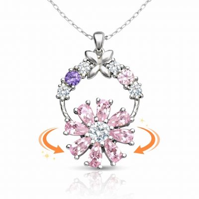 Sterling Silver Pink Rotating Flower Women's Necklace