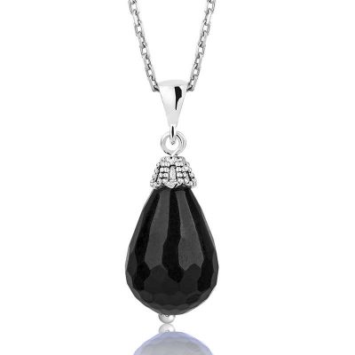 Sterling Silver Faceted Onyx Natural Stone Necklace