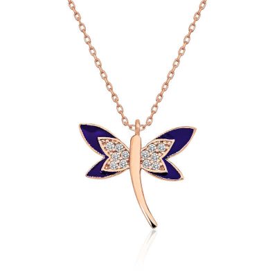 Sterling Silver Rose Gold Navy Blue Dragonfly Women's Necklace