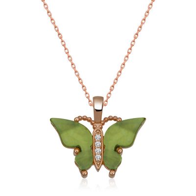 Sterling Silver Rose Gold Green Kaplangozu Stone Butterfly Necklace