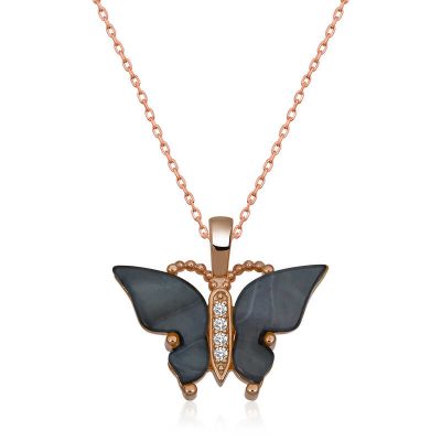 Sterling Silver Rose Gold Antrasit Kaplangozu Stone Butterfly Necklace