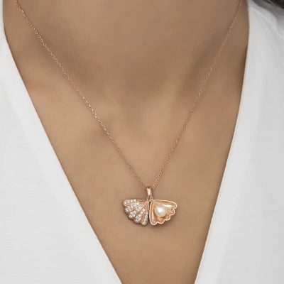 Sterling Silver Rose Gold Pearl Oyster Women's Necklace
